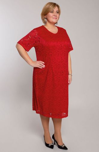 Червена дантелена рокля с къс ръкав