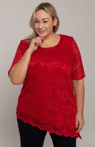 Асиметрична червена дантелена блуза