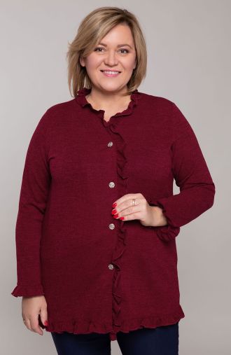 Пуловер в цвят бордо с волан