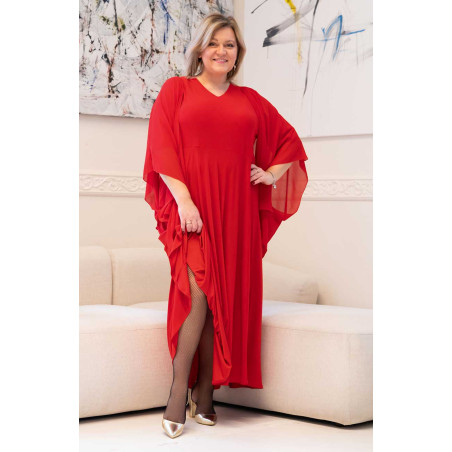 Дълга червена разкроена макси рокля с мантила от шифон и V-образно деколте Модни големи размери