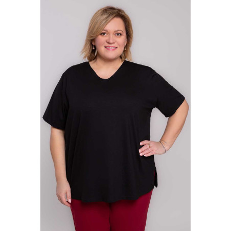 Черна гладка плетена дамска тениска с голям размер | Модни големи размери