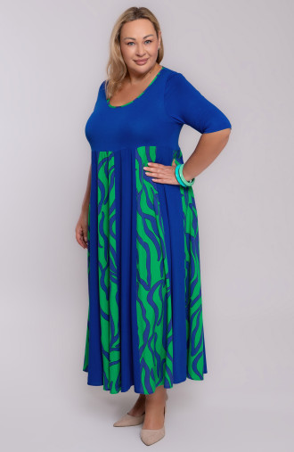 Дълга метличина синя рокля със зелен десен