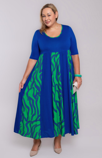 Дълга синя рокля със зелен десен
