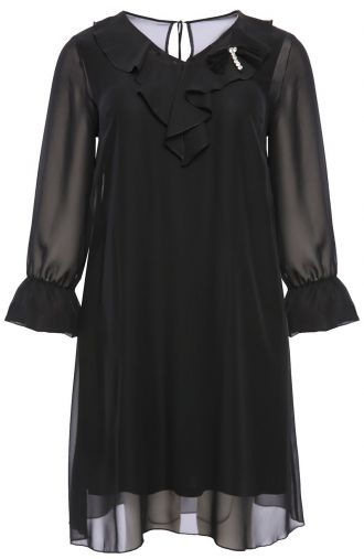 Черна двуслойна рокля с брошка